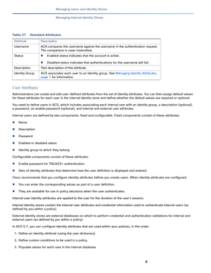 Page 1388
Managing Users and Identity Stores
 
Managing Internal Identity Stores
User Attributes
Administrators can create and add user-defined attributes from the set of identity attributes. You can then assign default values 
for these attributes for each user in the internal identity store and define whether the default values are required or optional.
You need to define users in ACS, which includes associating each internal user with an identity group, a description (optional), 
a password, an enable...