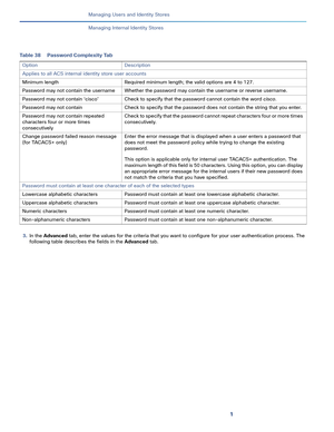 Page 1401
Managing Users and Identity Stores
 
Managing Internal Identity Stores
3.In the Advanced tab, enter the values for the criteria that you want to configure for your user authentication process. The 
following table describes the fields in the Advanced tab.
Ta b l e 3 8 P a s s w o r d  C o m p l e x i t y  Ta b
Option Description
Applies to all ACS internal identity store user accounts
Minimum length Required minimum length; the valid options are 4 to 127.
Password may not contain the username  Whether...