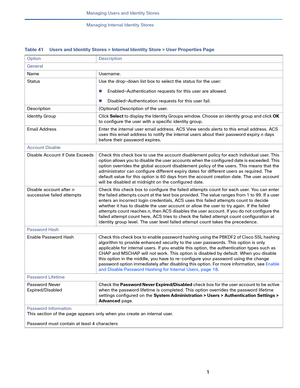 Page 1451   
Managing Users and Identity Stores
Managing Internal Identity Stores
. 
Table 41 Users and Identity Stores > Internal Identity Store > User Properties Page 
Option Description
General
Name Username.
Status Use the drop-down list box to select the status for the user:
Enabled—Authentication requests for this user are allowed.
Disabled—Authentication requests for this user fail.
Description (Optional) Description of the user.
Identity Group Click Select to display the Identity Groups window. Choose...