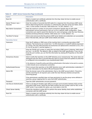 Page 1663
Managing Users and Identity Stores
 
Managing External Identity Stores
Root CA Select a trusted root certificate authority from the drop-down list box to enable secure 
authentication with a certificate.
Server Timeout  
SecondsEnter the number of seconds that ACS waits for a response from the primary LDAP server 
before determining that the connection or authentication with that server has failed, where 
 is the number of seconds. Valid values are 1 to 300. (Default = 10.)
Max Admin Connections Enter...