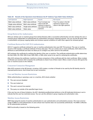 Page 1875   
Managing Users and Identity Stores
Managing External Identity Stores
Group Retrieval for Authorization
ACS can retrieve user or machine groups from Active Directory after a successful authentication and also retrieve the user or 
machine group independent of authentication for authorization and group mapping purposes. You can use the AD group data 
in authorization and group mapping tables and introduce special conditions to match them against the retrieved groups.
Certificate Retrieval for EAP-TLS...