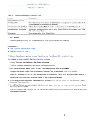 Page 2158   
Managing Users and Identity Stores
Configuring CA Certificates
4.Click Submit. 
The new certificate is saved. The Trust Certificate List page appears with the new certificate.
Related Topics
User Certificate Authentication, page 6
Overview of EAP-TLS, page 5
Editing a Certificate Authority and Configuring Certificate Revocation Lists
Use this page to edit a trusted CA (Certificate Authority) certificate.
1.Choose Users and Identity Stores > Certificate Authorities.
The Trust Certificate page...