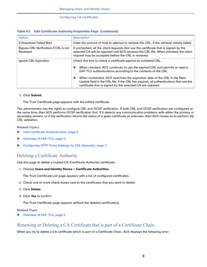 Page 2178   
Managing Users and Identity Stores
Configuring CA Certificates
3.Click Submit.
The Trust Certificate page appears with the edited certificate.
The administrator has the rights to configure CRL and OCSP verification. If both CRL and OCSP verification are configured at 
the same time, then ACS performs OCSP verification first. If it detects any communication problems with either the primary or 
secondary servers, or if the verification returns the status of a given certificate as unknown, then ACS...