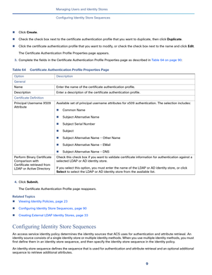 Page 2209
Managing Users and Identity Stores
 
Configuring Identity Store Sequences
Click Create.
Check the check box next to the certificate authentication profile that you want to duplicate, then click Duplicate. 
Click the certificate authentication profile that you want to modify, or check the check box next to the name and click Edit.
The Certificate Authentication Profile Properties page appears.
3.Complete the fields in the Certificate Authentication Profile Properties page as described in Table 64 on...