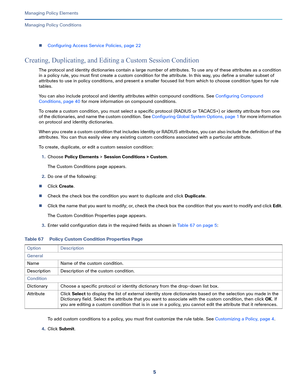 Page 2295   
Managing Policy Elements
Managing Policy Conditions
Configuring Access Service Policies, page 22
Creating, Duplicating, and Editing a Custom Session Condition
The protocol and identity dictionaries contain a large number of attributes. To use any of these attributes as a condition 
in a policy rule, you must first create a custom condition for the attribute. In this way, you define a smaller subset of 
attributes to use in policy conditions, and present a smaller focused list from which to choose...