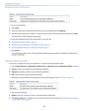 Page 24218
Managing Policy Elements
 
Managing Authorizations and Permissions
2.Do one of the following:
Click Create.
Check the check box the authorization profile that you want to duplicate and click Duplicate.
Click the name that you want to modify; or, check the check box the name that you want to modify and click Edit.
The Authorization Profile Properties page appears.
3.Enter valid configuration data in the required fields in each tab. See: 
Specifying Authorization Profiles, page 18 
Specifying...