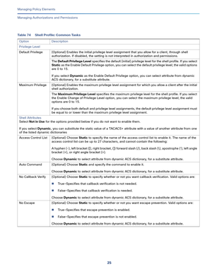 Page 24925   
Managing Policy Elements
Managing Authorizations and Permissions
Table 74 Shell Profile: Common Tasks
Option Description
Privilege Level
Default Privilege (Optional) Enables the initial privilege level assignment that you allow for a client, through shell 
authorization. If disabled, the setting is not interpreted in authorization and permissions.
The Default Privilege Level specifies the default (initial) privilege level for the shell profile. If you select 
Static as the Enable Default Privilege...