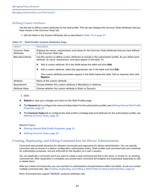 Page 25127   
Managing Policy Elements
Managing Authorizations and Permissions
Defining Custom Attributes
Use this tab to define custom attributes for the shell profile. This tab also displays the Common Tasks Attributes that you 
have chosen in the Common Tasks tab.
1.Edit the fields in the Custom Attributes tab as described in Table 75 on page 27:
2.Click:
Submit to save your changes and return to the Shell Profiles page.
The General tab to configure the name and description for the authorization profile;...