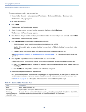 Page 25228
Managing Policy Elements
 
Managing Authorizations and Permissions
To create, duplicate, or edit a new command set:
1.Choose Policy Elements > Authorization and Permissions > Device Administration > Command Sets.
The Command Sets page appears.
2.Do one of the following:
Click Create. 
The Command Set Properties page appears.
Check the check box the command set that you want to duplicate and click Duplicate. 
The Command Set Properties page appears.
Click the name that you want to modify; or, check...