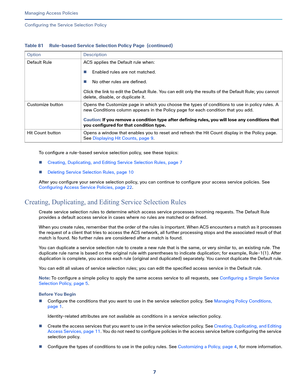 Page 2637   
Managing Access Policies
Configuring the Service Selection Policy
To configure a rule-based service selection policy, see these topics:
Creating, Duplicating, and Editing Service Selection Rules, page 7
Deleting Service Selection Rules, page 10
After you configure your service selection policy, you can continue to configure your access service policies. See 
Configuring Access Service Policies, page 22.
Creating, Duplicating, and Editing Service Selection Rules
Create service selection rules to...