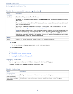 Page 2659   
Managing Access Policies
Configuring the Service Selection Policy
4.Click OK. 
The Service Selection Policy page appears with the rule that you configured. 
5.Click Save Changes.
Related Topics
Configuring Access Services, page 10
Deleting Service Selection Rules, page 10
Displaying Hit Counts 
Use this page to reset and refresh the Hit Count display on the Rule-based Policy page.
To display this page, click Hit Count on the Rule-based Policy page. Conditions
conditions Conditions that you can...