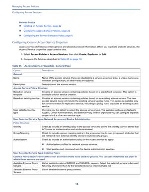 Page 26913   
Managing Access Policies
Configuring Access Services
Related Topics
Deleting an Access Service, page 22
Configuring Access Service Policies, page 22
Configuring the Service Selection Policy, page 5
Configuring General Access Service Properties
Access service definitions contain general and allowed protocol information. When you duplicate and edit services, the 
Access Service properties page contains tabs.
1.Select Access Policies > Access Services, then click Create, Duplicate, or Edit....