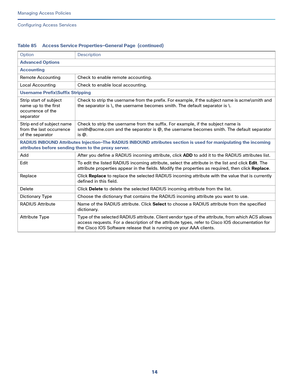 Page 27014
Managing Access Policies
 
Configuring Access Services
Advanced Options
Accounting
Remote Accounting Check to enable remote accounting.
Local Accounting Check to enable local accounting.
Username Prefix\Suffix Stripping
Strip start of subject 
name up to the first 
occurrence of the 
separatorCheck to strip the username from the prefix. For example, if the subject name is acme\smith and 
the separator is \, the username becomes smith. The default separator is \.
Strip end of subject name 
from the...