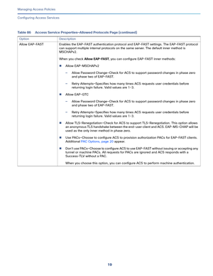 Page 27519   
Managing Access Policies
Configuring Access Services
Allow EAP-FAST Enables the EAP-FAST authentication protocol and EAP-FAST settings. The EAP-FAST protocol 
can support multiple internal protocols on the same server. The default inner method is 
MSCHAPv2.
When you check Allow EAP-FAST, you can configure EAP-FAST inner methods:
Allow EAP-MSCHAPv2
—Allow Password Change—Check for ACS to support password changes in phase zero 
and phase two of EAP-FAST.
—Retry Attempts—Specifies how many times ACS...