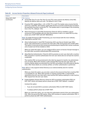 Page 27620
Managing Access Policies
 
Configuring Access Services
Allow EAP-FAST 
(continued)PAC O pti o n s
Tunnel PAC Time To Live—The Time To Live (TTL) value restricts the lifetime of the PAC. 
Specify the lifetime value and units. The default is one (1) day. 
Proactive PAC Update When:  of PAC TTL is Left—The Update value ensures that the 
client has a valid PAC. ACS initiates update after the first successful authentication but before 
the expiration time that is set by the TTL. The Update value is a...