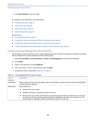 Page 28529   
Managing Access Policies
Configuring Access Service Policies
3.Click Save Changes to save the policy.
To configure a rule-based policy, see these topics:
Creating Policy Rules, page 37
Duplicating a Rule, page 38
Editing Policy Rules, page 39
Deleting Policy Rules, page 39
Related Topics
Viewing Identity Policies, page 23
Configuring a Session Authorization Policy for Network Access, page 30
Configuring a Session Authorization Policy for Network Access, page 30
Configuring Shell/Command...