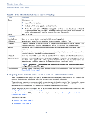 Page 29135   
Managing Access Policies
Configuring Access Service Policies
Configuring Shell/Command Authorization Policies for Device Administration
When you create an access service and select a service policy structure for Device Administration, ACS automatically 
creates a shell/command authorization policy. You can then create and modify policy rules. 
The web interface supports the creation of multiple command sets for device administration. With this capability, you can 
maintain a smaller number of basic...