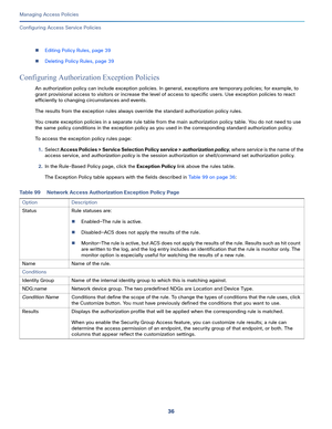 Page 29236
Managing Access Policies
 
Configuring Access Service Policies
Editing Policy Rules, page 39
Deleting Policy Rules, page 39
Configuring Authorization Exception Policies 
An authorization policy can include exception policies. In general, exceptions are temporary policies; for example, to 
grant provisional access to visitors or increase the level of access to specific users. Use exception policies to react 
efficiently to changing circumstances and events. 
The results from the exception rules...