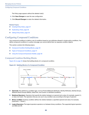 Page 29640
Managing Access Policies
 
Configuring Compound Conditions
The Policy page appears without the deleted rule(s).
4.Click Save Changes to save the new configuration.
5.Click Discard Changes to retain the deleted information.
Related Topics
Creating Policy Rules, page 37
Duplicating a Rule, page 38
Editing Policy Rules, page 39
Configuring Compound Conditions
Use compound conditions to define a set of conditions based on any attributes allowed in simple policy conditions. You 
define compound...