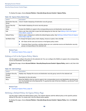 Page 30246
Managing Access Policies
 
Security Group Access Control Pages
To display this page, choose Access Policies > Security Group Access Control > Egress Policy.
Related Topic
Creating an Egress Policy, page 25
Editing a Cell in the Egress Policy Matrix
Use this page to configure the policy for the selected cell. You can configure the SGACLs to apply to the corresponding 
source and destination security group.
To display this page, choose Access Policies > Security Group Access Control > Egress Policy,...