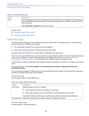 Page 30347   
Managing Access Policies
Security Group Access Control Pages
Related Topics
Creating an Egress Policy, page 25
Creating a Default Policy, page 26
NDAC Policy Page
The Network Device Admission Control (NDAC) policy determines the SGT for network devices in a Security Group 
Access environment. The NDAC policy handles:
Peer authorization requests from one device about its neighbor.
Environment requests (a device is collecting information about itself).
The policy returns the same SGT for a...