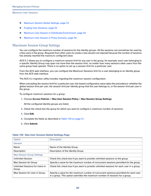 Page 30751   
Managing Access Policies
Maximum User Sessions
Maximum Session Global Settings, page 52
Purging User Sessions, page 53
Maximum User Session in Distributed Environment, page 54
Maximum User Session in Proxy Scenario, page 54
Maximum Session Group Settings
You can configure the maximum number of sessions for the identity groups. All the sessions can sometimes be used by 
a few users in the group. Requests from other users to create a new session are rejected because the number of sessions 
has...