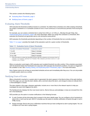 Page 3242
Managing Alarms
 
Understanding Alarms
This section contains the following topics:
Evaluating Alarm Thresholds, page 2
Notifying Users of Events, page 2
Evaluating Alarm Thresholds
ACS evaluates the threshold conditions based on a schedule. You define these schedules and, while creating a threshold, 
you assign a schedule to it. A schedule consists of one or more continuous or noncontinuous periods of time during the 
week.
For example, you can create a schedule that is active from 8:00 a.m. to 5:00...