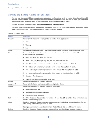 Page 3253   
Managing Alarms
Viewing and Editing Alarms in Your Inbox
Viewing and Editing Alarms in Your Inbox
You can view alarms that ACS generates based on a threshold configuration or a rule on a set of data collected from ACS 
servers. Alarms that have met the configured thresholds are sent to you r i nb ox. After you view an alarm, you  can edi t the 
status of the alarm, assign the alarm to an administrator, and add notes to track the event.
To view an alarm in your Inbox, select Monitoring and Reports >...