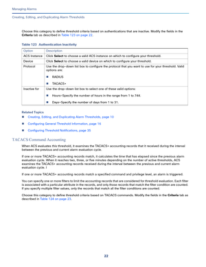 Page 34422
Managing Alarms
 
Creating, Editing, and Duplicating Alarm Thresholds
Choose this category to define threshold criteria based on authentications that are inactive. Modify the fields in the 
Criteria tab as described in Table 123 on page 22.
Related Topics
Creating, Editing, and Duplicating Alarm Thresholds, page 10
Configuring General Threshold Information, page 16
Configuring Threshold Notifications, page 35
TACACS Command Accounting
When ACS evaluates this threshold, it examines the TACACS+...