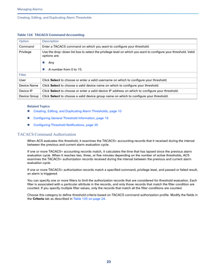 Page 34523   
Managing Alarms
Creating, Editing, and Duplicating Alarm Thresholds
Related Topics
Creating, Editing, and Duplicating Alarm Thresholds, page 10
Configuring General Threshold Information, page 16
Configuring Threshold Notifications, page 35
TACACS Command Authorization
When ACS evaluates this threshold, it examines the TACACS+ accounting records that it received during the interval 
between the previous and current alarm evaluation cycle. 
If one or more TACACS+ accounting records match, it...