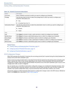 Page 34624
Managing Alarms
 
Creating, Editing, and Duplicating Alarm Thresholds
Related Topics
Creating, Editing, and Duplicating Alarm Thresholds, page 10
Configuring General Threshold Information, page 16
Configuring Threshold Notifications, page 35
ACS Configuration Changes
When ACS evaluates this threshold, it examines the accounting records that it received during the interval between the 
previous and current alarm evaluation cycle.
If one or more accounting records match, it calculates the time that...