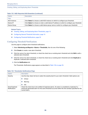 Page 35735   
Managing Alarms
Creating, Editing, and Duplicating Alarm Thresholds
Related Topics
Creating, Editing, and Duplicating Alarm Thresholds, page 10
Configuring General Threshold Information, page 16
Configuring Threshold Notifications, page 35
Configuring Threshold Notifications 
Use this page to configure alarm threshold notifications.
1.Select Monitoring and Reports > Alarms > Thresholds, then do one of the following:
Click Create to create a new alarm threshold.
Click the name of an alarm...