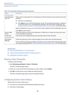 Page 35836
Managing Alarms
 
Deleting Alarm Thresholds
Related Topics
Viewing and Editing Alarms in Your Inbox, page 3
Creating, Editing, and Duplicating Alarm Thresholds, page 10
Deleting Alarm Thresholds, page 36
Deleting Alarm Thresholds
To delete an alarm threshold:
1.Select Monitoring and Reports > Alarms > Thresholds.
The Alarms Thresholds page appears.
2.Check one or more check boxes the thresholds you want to delete, and click Delete. 
3.Click OK to confirm that you want to delete the selected...