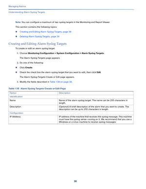 Page 36038
Managing Alarms
 
Understanding Alarm Syslog Targets
Note: You can configure a maximum of two syslog targets in the Monitoring and Report Viewer.
This section contains the following topics:
Creating and Editing Alarm Syslog Targets, page 38
Deleting Alarm Syslog Targets, page 39
Creating and Editing Alarm Syslog Targets
To create or edit an alarm syslog target:
1.Choose Monitoring Configuration > System Configuration > Alarm Syslog Targets.
The Alarm Syslog Targets page appears.
2.Do one of the...