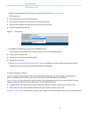 Page 3852   
Managing Reports
Understanding Charts
3.Select a CoA option from the CoA option drop-down list box shown in Figure 8 on page 23.
Valid options are:
Disconnect:None—Do not terminate the session.
Disconnect:Port Bounce—Terminate the session and restart the port.
Disconnect:Port Disable—Terminate the session and shut down the port.
Re-Auth—Reauthenticate the user.
Figure 8 CoA Options
4.Click Run to reauthenticate or disconnect the RADIUS session.
If your change of authorization fails, it might be...