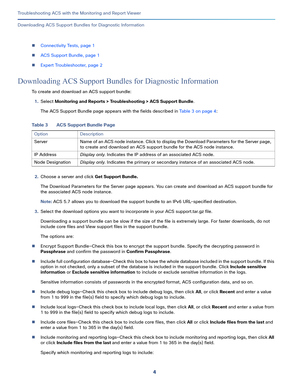 Page 3904
Troubleshooting ACS with the Monitoring and Report Viewer
 
Downloading ACS Support Bundles for Diagnostic Information
Connectivity Tests, page 1
ACS Support Bundle, page 1
Expert Troubleshooter, page 2
Downloading ACS Support Bundles for Diagnostic Information
To create and download an ACS support bundle:
1.Select Monitoring and Reports > Troubleshooting > ACS Support Bundle.
The ACS Support Bundle page appears with the fields described in Table 3 on page 4:
2.Choose a server and click Get Support...