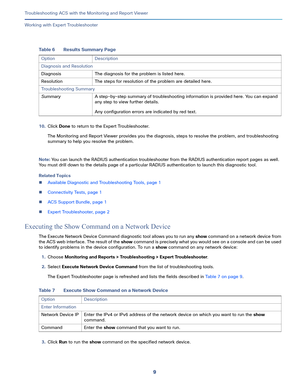 Page 3959   
Troubleshooting ACS with the Monitoring and Report Viewer
Working with Expert Troubleshooter
10.Click Done to return to the Expert Troubleshooter.
The Monitoring and Report Viewer provides you the diagnosis, steps to resolve the problem, and troubleshooting 
summary to help you resolve the problem.
Note: You can launch the RADIUS authentication troubleshooter from the RADIUS authentication report pages as well. 
You must drill down to the details page of a particular RADIUS authentication to launch...