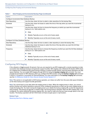 Page 4086
Managing System Operations and Configuration in the Monitoring and Report Viewer
 
Configuring Data Purging and Incremental Backup
Configuring NFS Staging
If the utilization of /opt exceeds 30 percent, then you are required to use NFS staging with a remote repository to take 
successful view database backups and generate support bundles. NFS staging uses a Network File System (NFS) share 
as a staging area of additional disk space during a backup or support bundle request, because these operations are...