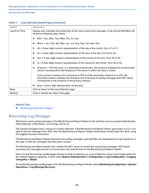 Page 41210
Managing System Operations and Configuration in the Monitoring and Report Viewer
 
Recovering Log Messages
Related Topic
Viewing Log Collections, page 7
Recovering Log Messages
ACS server sends syslog messages to the Monitoring and Report Viewer for the activities such as passed authentication, 
failed attempts, authorization, accounting, and so on. 
The syslog messages have a sequence number attached. If the Monitoring and Report Viewer goes down or if it is not 
able to receive messages from ACS,...