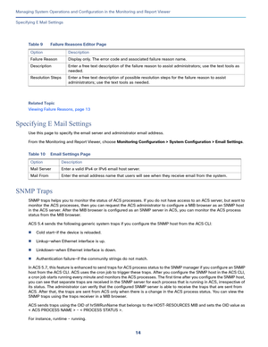 Page 41614
Managing System Operations and Configuration in the Monitoring and Report Viewer
 
Specifying E Mail Settings
Related Topic
Viewing Failure Reasons, page 13
Specifying E Mail Settings
Use this page to specify the email server and administrator email address.
From the Monitoring and Report Viewer, choose Monitoring Configuration > System Configuration > Email Settings.
SNMP Traps
SNMP traps helps you to monitor the status of ACS processes. If you do not have access to an ACS server, but want to...