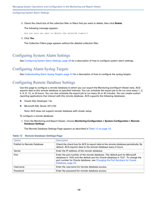 Page 42119   
Managing System Operations and Configuration in the Monitoring and Report Viewer
Configuring System Alarm Settings
2.Check the check box of the collection filter or filters that you want to delete, then click Delete.
The following message appears:
Are you sure you want to delete the selected item(s)?
3.Click Ye s.
The Collection Filters page appears without the deleted collection filter.
Configuring System Alarm Settings
See Configuring System Alarm Settings, page 36 for a description of how to...