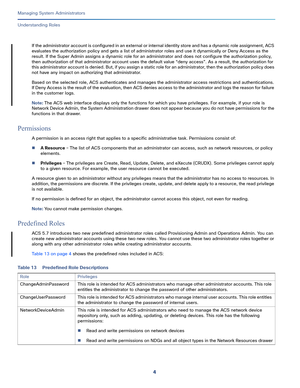 Page 4284
Managing System Administrators
 
Understanding Roles
If the administrator account is configured in an external or internal identity store and has a dynamic role assignment, ACS 
evaluates the authorization policy and gets a list of administrator roles and use it dynamically or Deny Access as the 
result. If the Super Admin assigns a dynamic role for an administrator and does not configure the authorization policy, 
then authorization of that administrator account uses the default value “deny access”....