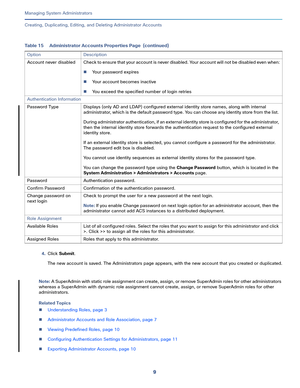 Page 4339   
Managing System Administrators
Creating, Duplicating, Editing, and Deleting Administrator Accounts
4.Click Submit. 
The new account is saved. The Administrators page appears, with the new account that you created or duplicated.
Note: A SuperAdmin with static role assignment can create, assign, or remove SuperAdmin roles for other administrators 
whereas a SuperAdmin with dynamic role assignment cannot create, assign, or remove SuperAdmin roles for other 
administrators.
Related Topics
Understanding...