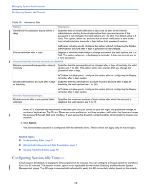 Page 43713   
Managing System Administrators
Configuring Session Idle Timeout
Note: ACS automatically deactivates or disables your account based on your last login, last password change, or 
number of login retries. The CLI and PI user accounts are blocked and they receive a notification that they can change 
the password through ACS web interface. If your account is disabled, contact another administrator to enable your 
account.
4.Click Submit.
The administrator password is configured with the defined...