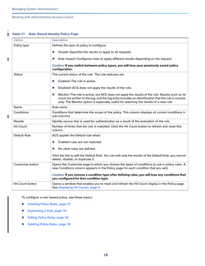 Page 44218
Managing System Administrators
 
Working with Administrative Access Control
To configure a rule-based policy, see these topics:
Creating Policy Rules, page 37
Duplicating a Rule, page 38
Editing Policy Rules, page 39
Deleting Policy Rules, page 39
Table 21 Rule-Based Identity Policy Page 
Option Description
Policy type Defines the type of policy to configure:
Simple—Specifies the results to apply to all requests.
Rule-based—Configures rules to apply different results depending on the request....