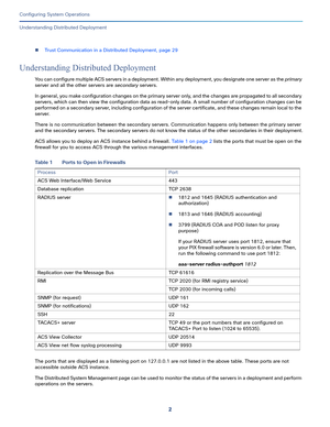 Page 4522
Configuring System Operations
 
Understanding Distributed Deployment
Trust Communication in a Distributed Deployment, page 29
Understanding Distributed Deployment
You can configure multiple ACS servers in a deployment. Within any deployment, you designate one server as the primary 
server and all the other servers are secondary servers.
In general, you make configuration changes on the primary server only, and the changes are propagated to all secondary 
servers, which can then view the configuration...