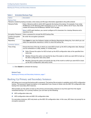 Page 4577   
Configuring System Operations
Backing Up Primary and Secondary Instances
2.Click Submit to schedule the backup.
Related Topic
Backing Up Primary and Secondary Instances, page 7
Backing Up Primary and Secondary Instances
ACS allows you to encrypt the backup with a password. The backup file encryption is available only for ACS configuration 
backup. The password-based encryption is not applicable if you choose to obtain only the ADE-OS configuration data 
backup from secondary ACS instances.
ACS...