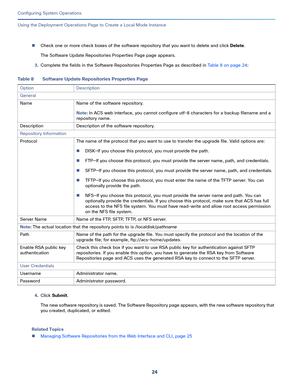 Page 47424
Configuring System Operations
 
Using the Deployment Operations Page to Create a Local Mode Instance
Check one or more check boxes of the software repository that you want to delete and click Delete.
The Software Update Repositories Properties Page page appears. 
3.Complete the fields in the Software Repositories Properties Page as described in Table 8 on page 24:
4.Click Submit. 
The new software repository is saved. The Software Repository page appears, with the new software repository that 
you...