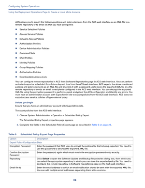 Page 47828
Configuring System Operations
 
Using the Deployment Operations Page to Create a Local Mode Instance
ACS allows you to export the following policies and policy elements from the ACS web interface as an XML file to a 
remote repository or to email ids that you have configured:
Service Selection Policies
Access Service Policies
Network Access Policies
Authorization Profiles
Device Administration Policies
Command Sets
Shell Profiles
Identity Policies
Group Mapping Policies
Authorization...