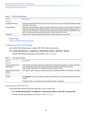 Page 4844
Managing System Administration Configurations
 
Configuring Global System Options
Related Topics
Adding a Certificate Authority, page 84
Configuring EAP-FAST Settings
Use the EAP-FAST Settings page to configure EAP-FAST runtime characteristics. 
Select System Administration > Configuration > Global System Options > EAP-FAST > Settings.
The EAP-FAST Settings page appears as described in Table 5 on page 4:
Generating EAP-FAST PAC
Use the EAP-FAST Generate PAC page to generate a user or machine PAC....